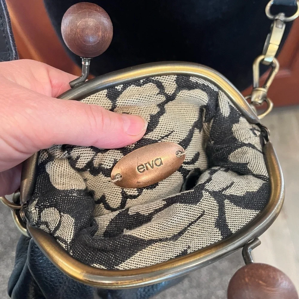 Erva Black Pebbled Leather Purse Navy Texture Strap Wooden Kiss Lock $420